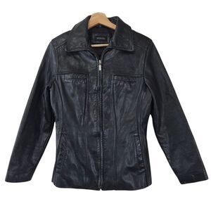 Guess Vintage 100% Leather Black Biker Jacket size small